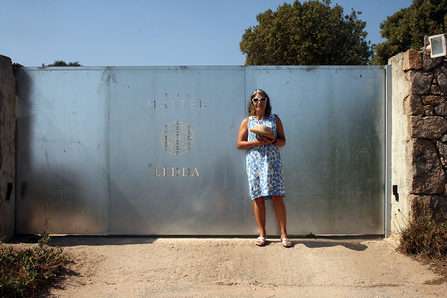 Sardinia part 2 - Cinzia at gate of Tenuta Matteu.